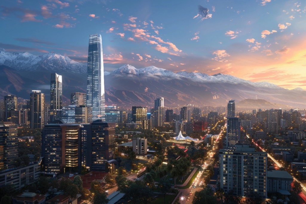 Santiago al atardecer, con la cordillera y los hitos de la ciudad